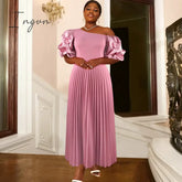 Ingvn - Long Party Dress For Women Classy Pink Cold Shoulder Ruched Sleeve Pleated A Line Flowy