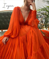 Ingvn - Long Puff Sleeves Prom Dresses V - Neck Pleats Chiffon Princess Evening Gowns Women Party