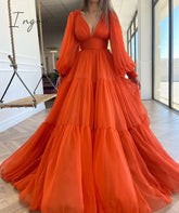 Ingvn - Long Puff Sleeves Prom Dresses V - Neck Pleats Chiffon Princess Evening Gowns Women Party