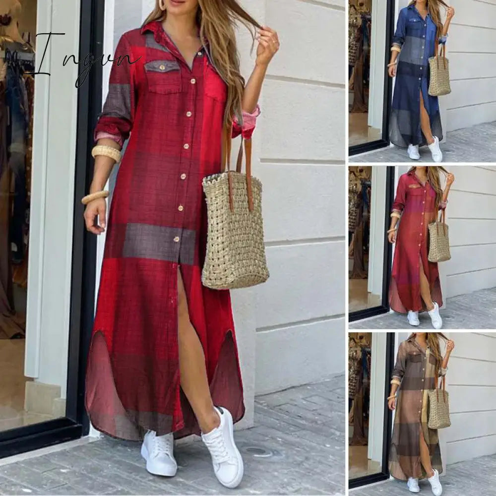 Ingvn - Long Sleeve Dress Checked Plaid Robe Maxi Beach Summer Elegant Women Button Shirt Split