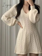 Ingvn - Long Sleeve Elegant Pink Mini Knit Dress Women Autumn Winter Solid Color A-Line Puff Sweet