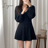 Ingvn - Long Sleeve Elegant Pink Mini Knit Dress Women Autumn Winter Solid Color A-Line Puff Sweet