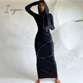 Ingvn - Long Sleeve Hooded Patchwork Skinny Maxi Dress Autumn Winter Women Fashion Streetwear