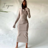 Ingvn - Long Sleeve Hooded Patchwork Skinny Maxi Dress Autumn Winter Women Fashion Streetwear
