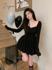 Ingvn - Long Sleeve Lace Mini Dress Woman Lolita Kawaii Party Casual Slim Pure Color Elegant Korean