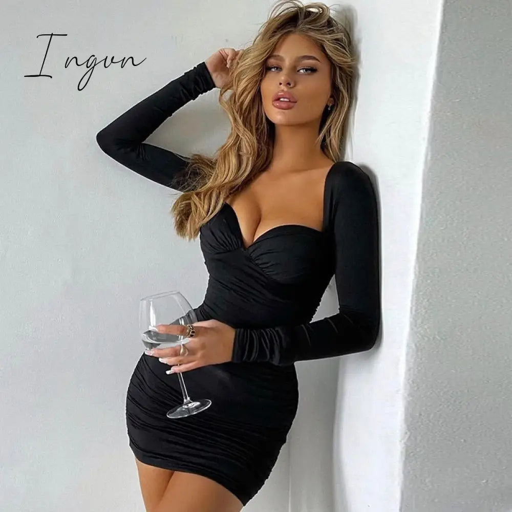 Ingvn - Long Sleeve Mini Dresses Women Basic Party Evening Clubwear Outfits Fall V Neck Sexy