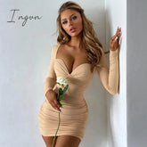 Ingvn - Long Sleeve Mini Dresses Women Basic Party Evening Clubwear Outfits Fall V Neck Sexy