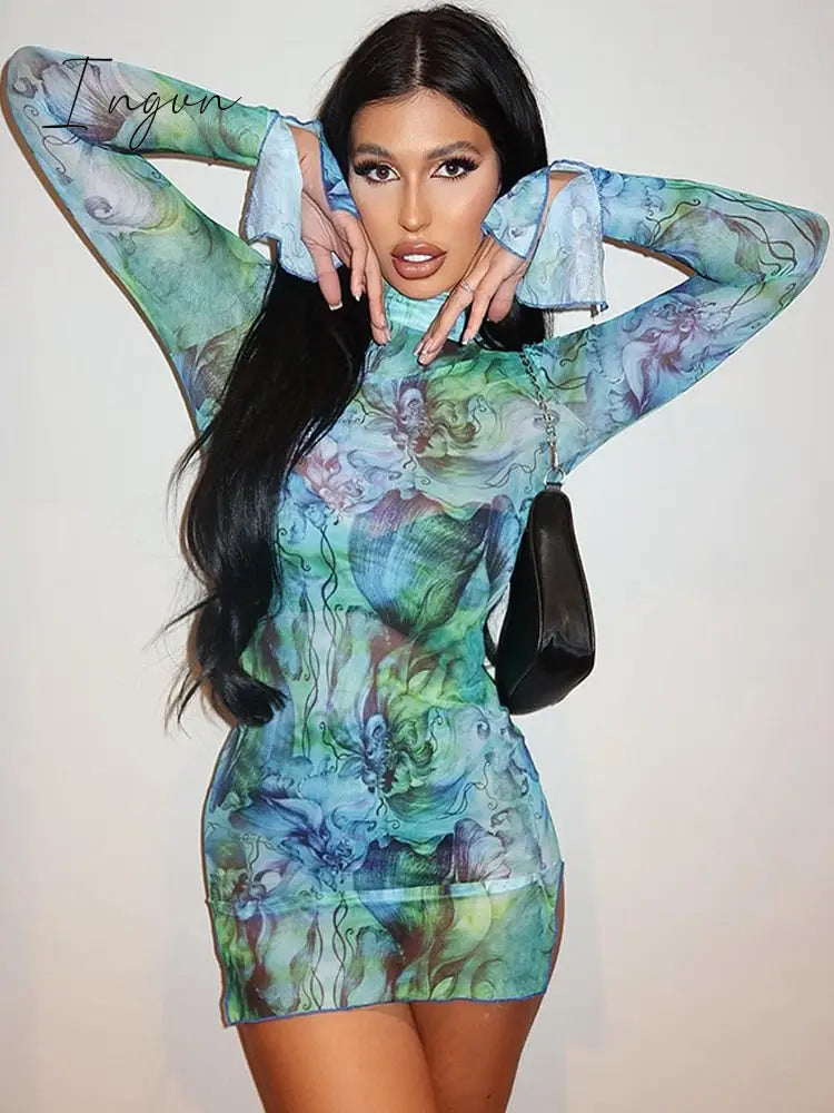 Ingvn - Long Sleeve Printed Tie Dye Bodycon Mini Dress Women Autumn Elegant Party Evening Sexy