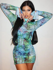 Ingvn - Long Sleeve Printed Tie Dye Bodycon Mini Dress Women Autumn Elegant Party Evening Sexy