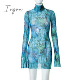 Ingvn - Long Sleeve Printed Tie Dye Bodycon Mini Dress Women Autumn Elegant Party Evening Sexy