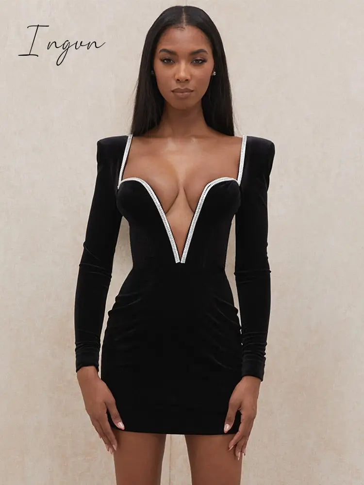 Ingvn - Long Sleeve Sexy Deep V Neck Wired Diamante Crystal Padded Should Bodycon Outfits Women