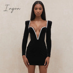 Ingvn - Long Sleeve Sexy Deep V Neck Wired Diamante Crystal Padded Should Bodycon Outfits Women