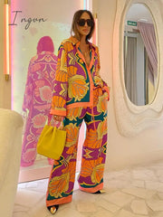 Ingvn - Loose Satin Sleepwear For Women Fashion Print Vintage Silk Pajamas Set 2 Pcs Long Sleeve