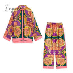 Ingvn - Loose Satin Sleepwear For Women Fashion Print Vintage Silk Pajamas Set 2 Pcs Long Sleeve