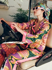 Ingvn - Loose Satin Sleepwear For Women Fashion Print Vintage Silk Pajamas Set 2 Pcs Long Sleeve