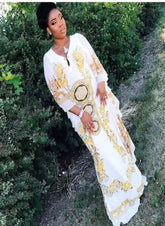 Ingvn - Lotus Leaf Digital Print Maxi Dress Spring And Summer Retro Style African Ladies Loose V -