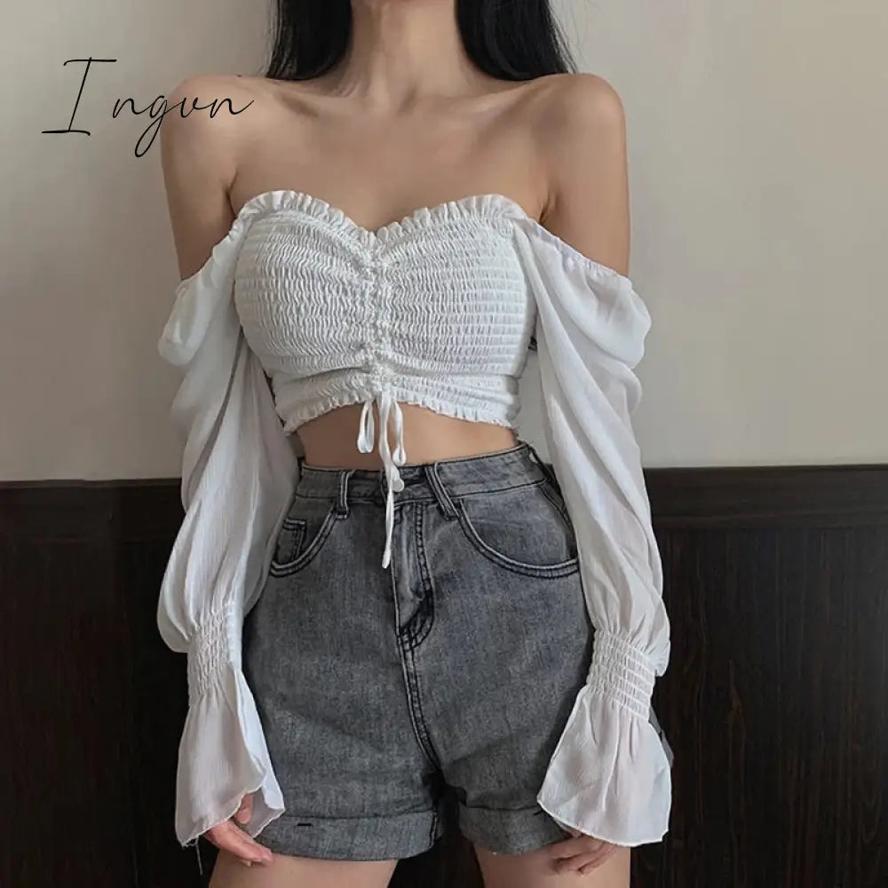 Ingvn - Low Cut Blouse Woman Fashion Pretty Blouses Crop Top Youth Elegant Puff Sleeve Chiffon