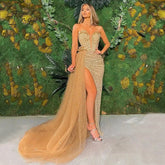 Ingvn - Luxury Gold Champagne Prom Dresses With Detachable Train Sweetheart Beads Side Slit Gowns