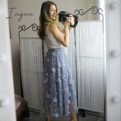 Ingvn - Luxury Woman Skirts Korean Style Fashion Elastic Waist Appliques Embroidery Floral Mesh