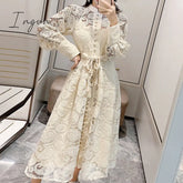 Ingvn - Midi Dress Luxury Elegant A - Line Party Belt Hollow Out Lace Embroidery Dresses Women