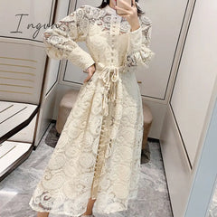 Ingvn - Midi Dress Luxury Elegant A - Line Party Belt Hollow Out Lace Embroidery Dresses Women