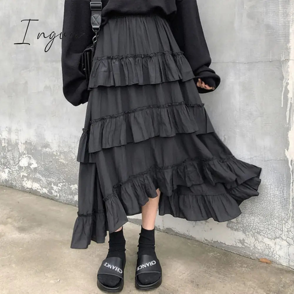 Ingvn - Midi Long Skirts Womens Maxi Skirt Goth Lolita Summer High Waisted Asymmetrical Low Ruched