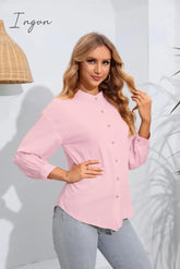 Ingvn - Mock Neck Buttoned Long Sleeve Shirt