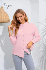 Ingvn - Mock Neck Buttoned Long Sleeve Shirt Carnation Pink / S