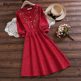 Ingvn - Mori Girl Vintage Corduroy Women Shirt Dress Floral Embroidery Elegant Autumn Winter