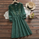 Ingvn - Mori Girl Vintage Corduroy Women Shirt Dress Floral Embroidery Elegant Autumn Winter