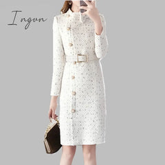 Ingvn - New Arrival Autumn And Winter Runway Women Elegant Tweed Dress Bow Collar Long Sleeve