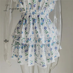 Ingvn - New Arrival Summer Short Sleeve Natasha Mini Dress Women Ruffled A-Line Blue Print