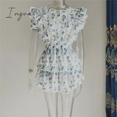 Ingvn - New Arrival Summer Short Sleeve Natasha Mini Dress Women Ruffled A-Line Blue Print