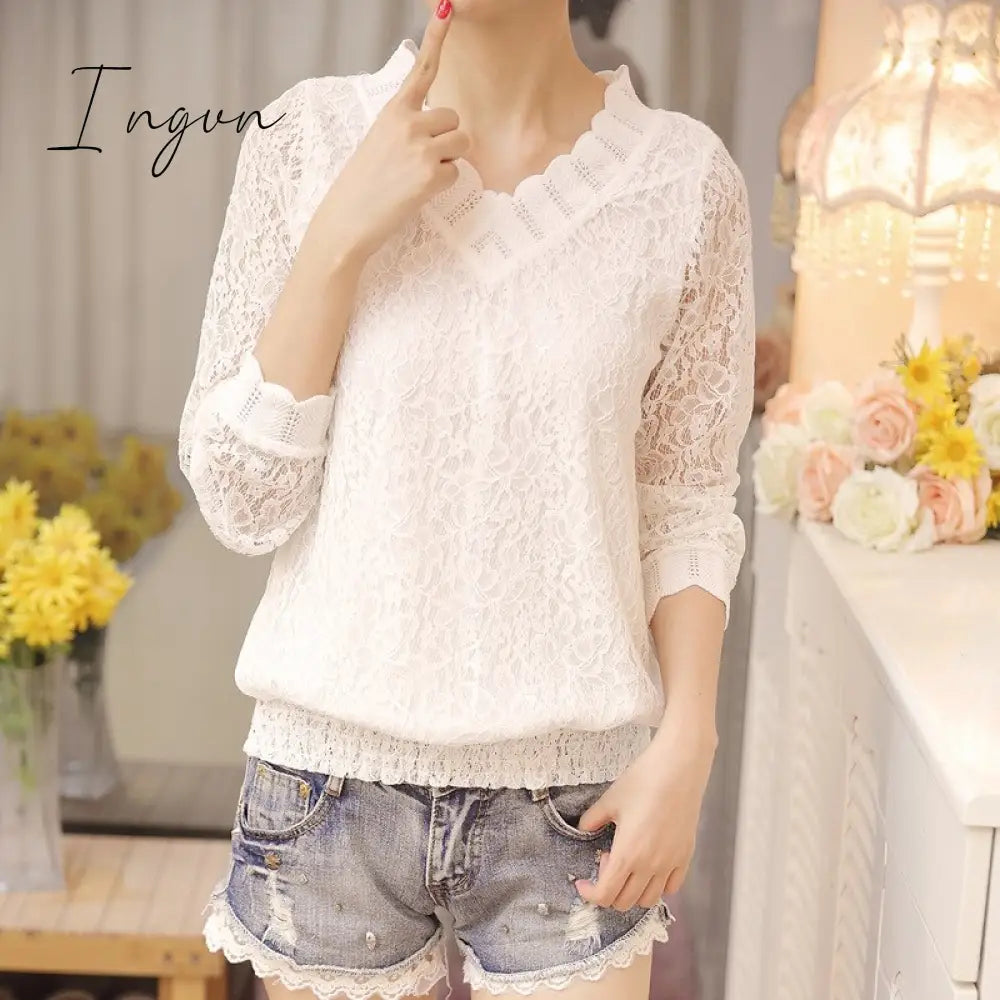 Ingvn - New Arrived Autumn Women Blouse Long Sleeve V Collar Lace Shirt Woman Sweet Temperament