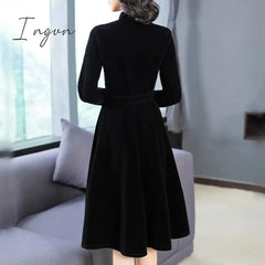 Ingvn - New Autumn And Winter Women European American Hepburn Style Dress Black Thin Retro Velvet