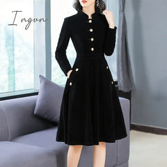 Ingvn - New Autumn And Winter Women European American Hepburn Style Dress Black Thin Retro Velvet
