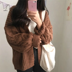 Ingvn - New Autumn Knit Sweater Women Fashion Harajuku Loose Warm Cardigan College Casual Long