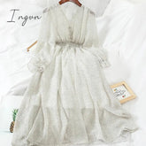 Ingvn - New Autumn V Neck Polka Dot Slim Chiffon Dress Button Puff Sleeve High Waist Elegant Women