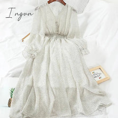 Ingvn - New Autumn V Neck Polka Dot Slim Chiffon Dress Button Puff Sleeve High Waist Elegant Women