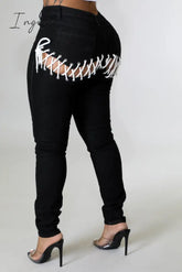 Ingvn - New Back Strap Elastic Bandage Jeans Women’s Skinny Ripped For Women Black / S