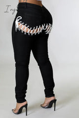 Ingvn - New Back Strap Elastic Bandage Jeans Women’s Skinny Ripped For Women Black / S