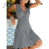 Ingvn - New Casual Polka Dot Dress Women V Neck Sleeveless Bandage Beach Summer Bohemian Dresses