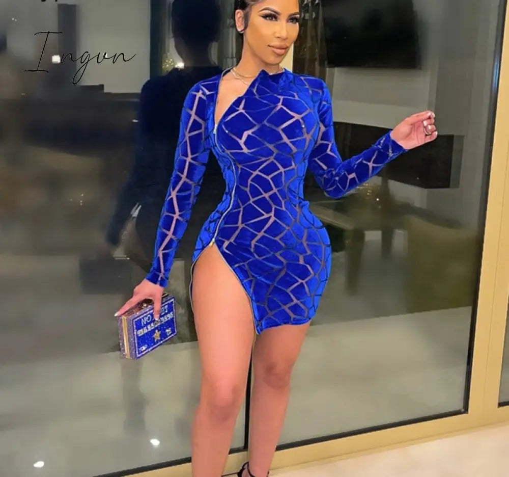 Ingvn - New Chic Zipped Mini Dress(Royal Blue) Womens Long Sleeve Side Slit Skinny Velvet Short