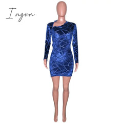 Ingvn - New Chic Zipped Mini Dress(Royal Blue) Womens Long Sleeve Side Slit Skinny Velvet Short