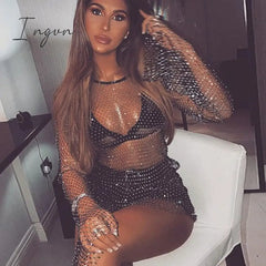 Ingvn - New Crystal Diamond Sexy Bodycon Dress Women Hollow Out Mini Summer Fishnet Mesh Beach