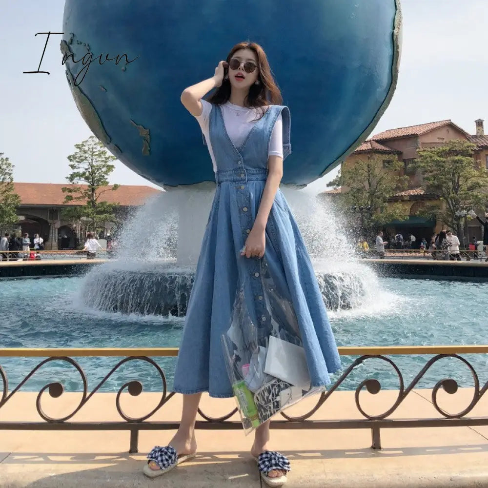 Ingvn - New Denim Dress Women Fashion Solid V Neck Sleeveless Backless With Button Pocket Mid Calf