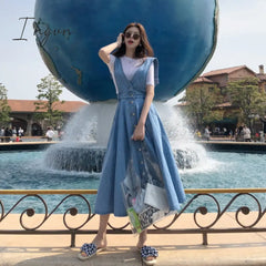 Ingvn - New Denim Dress Women Fashion Solid V Neck Sleeveless Backless With Button Pocket Mid Calf