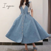 Ingvn - New Denim Dress Women Fashion Solid V Neck Sleeveless Backless With Button Pocket Mid Calf