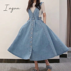 Ingvn - New Denim Dress Women Fashion Solid V Neck Sleeveless Backless With Button Pocket Mid Calf