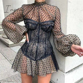 Ingvn - New Design 2Pcs Summer Dress For Women Black Sexy Corset Vintage Slim Mesh Outfit Clubwear